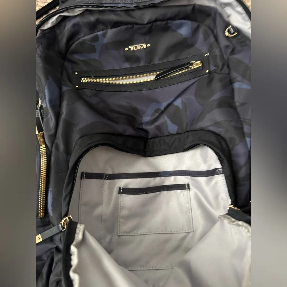 TUMI Backpack Black Camo Nylon Gold Hardware Blue Purple Accents GUC